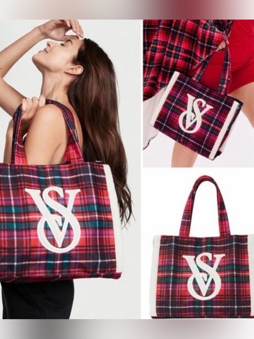 NWT Plaid Tote Bag with Monogram Accent - Red Plaid
